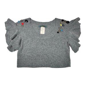 Vintage Anthro Cartonnier Embellished Crop Top SZ S Gray Knit Ruffles Whimsical